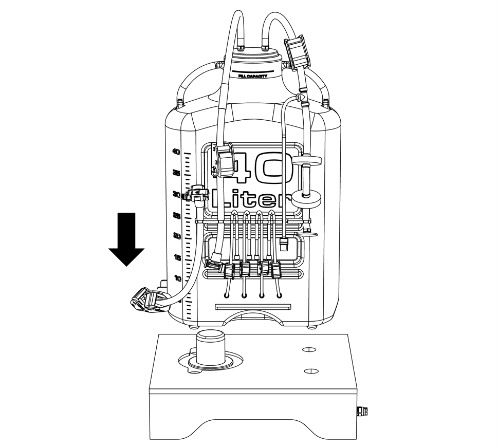 Simple installation illustration of the ProConnex MixOne 40L carboy vertical placement of the unit directly onto the reusable platform.  